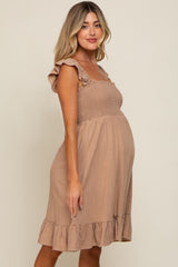 Mocha Linen Sleeveless Smocked Maternity Dress