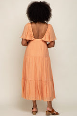 Peach Textured Stripe Deep V-Neck Layered Sleeve Maxi Dress