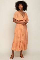Peach Textured Stripe Deep V-Neck Layered Sleeve Maxi Dress
