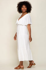 Ivory Textured Stripe Deep V-Neck Layered Sleeve Maxi Dress