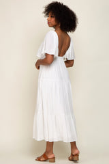 Ivory Textured Stripe Deep V-Neck Layered Sleeve Maxi Dress