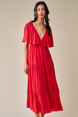 Red Textured Stripe Deep V-Neck Layered Sleeve Maternity Maxi Dress