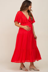 Red Textured Stripe Deep V-Neck Layered Sleeve Maternity Maxi Dress