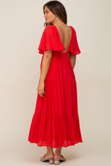 Red Textured Stripe Deep V-Neck Layered Sleeve Maternity Maxi Dress