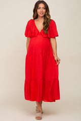 Red Textured Stripe Deep V-Neck Layered Sleeve Maternity Maxi Dress