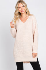 Beige Chunky Knit V-Neck Side Slit Long Sweater