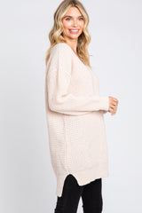 Beige Chunky Knit V-Neck Side Slit Long Sweater