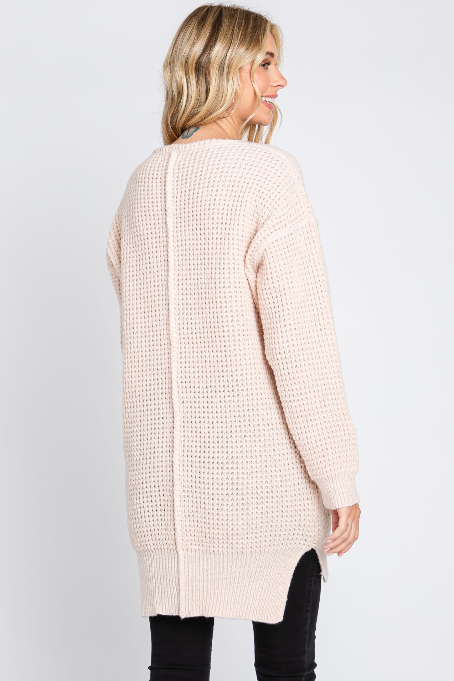 Beige Chunky Knit V-Neck Side Slit Long Sweater