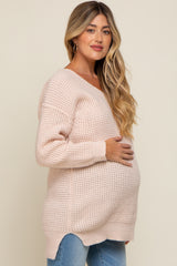 Beige Chunky Knit V-Neck Side Slit Long Maternity Sweater