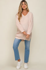 Beige Chunky Knit V-Neck Side Slit Long Maternity Sweater