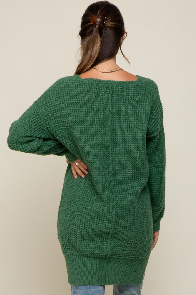 Forest Green Chunky Knit V-Neck Side Slit Long Maternity Sweater
