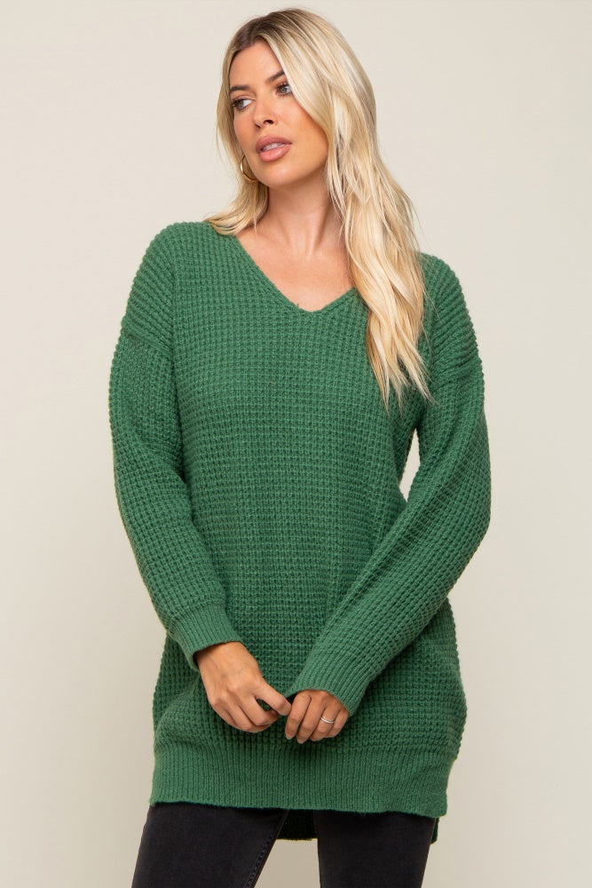 Forest Green Chunky Knit V-Neck Side Slit Long Sweater
