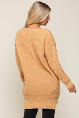 Peach Chunky Knit V-Neck Side Slit Long Sweater