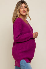 Magenta Chunky Knit V-Neck Side Slit Long Maternity Sweater