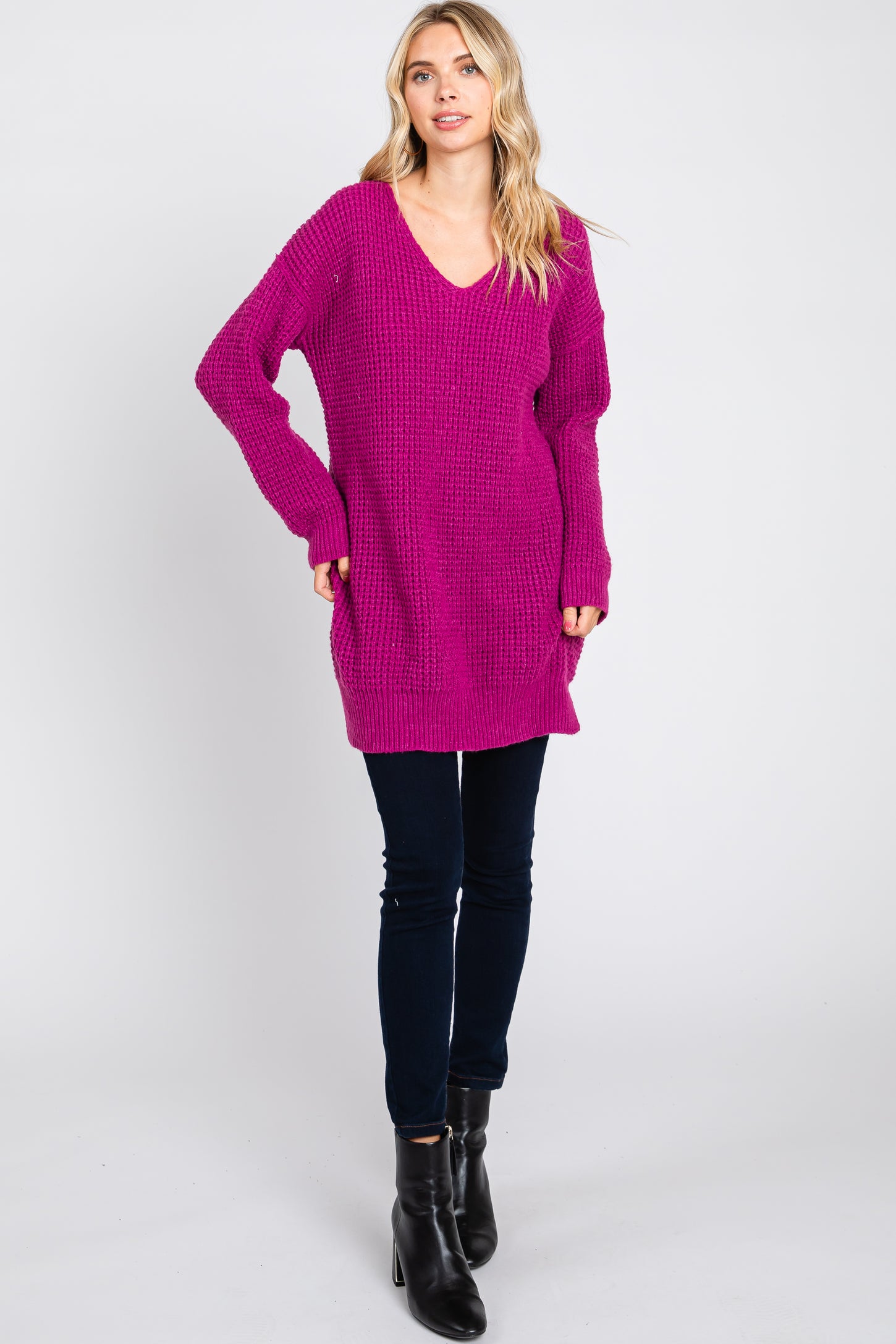 Magenta Chunky Knit V-Neck Side Slit Long Maternity Sweater