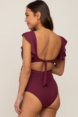 Plum Ribbed Cutout Flutter One Piece Maternity Swimsuit