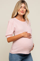 Light Pink Puff Sleeve Waffle Knit Maternity Top