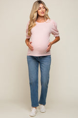 Light Pink Puff Sleeve Waffle Knit Maternity Top