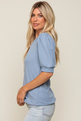 Blue Puff Sleeve Waffle Knit Top