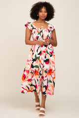 Ivory Floral Smocked Ruffle Tier Maternity Midi Dress