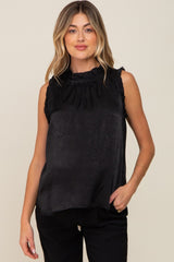 Black Ruffle Mock Neck Sleeveless Satin Maternity Blouse