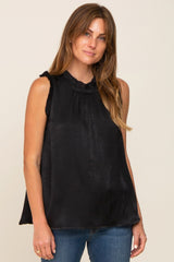 Black Ruffle Mock Neck Sleeveless Satin Maternity Blouse