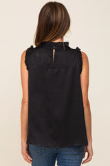 Black Ruffle Mock Neck Sleeveless Satin Blouse