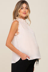 Beige Ruffle Mock Neck Sleeveless Satin Maternity Blouse