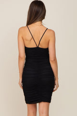 Black Ruched Mesh Sweetheart Neck Maternity Dress