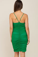 Green Ruched Mesh Sweetheart Neck Maternity Dress