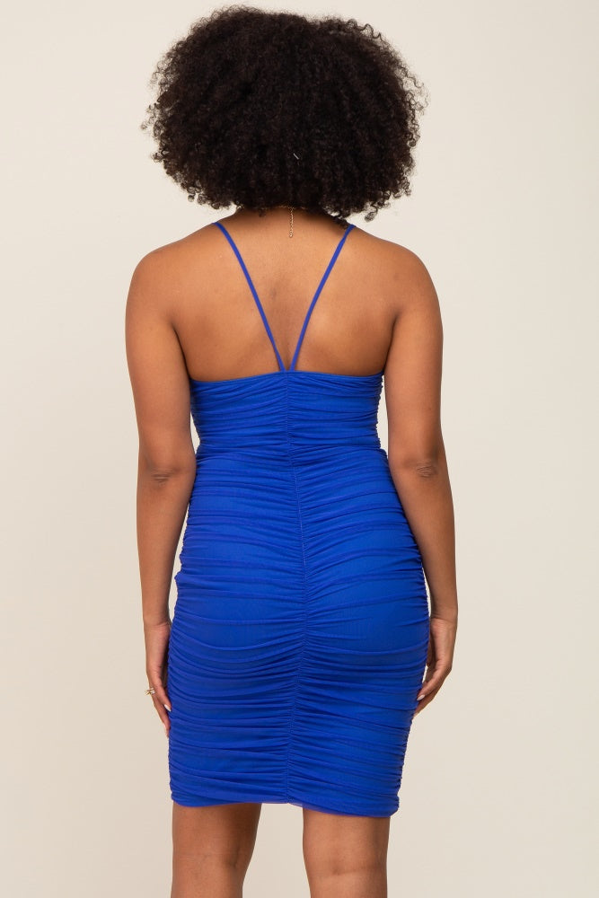Royal Blue Ruched Mesh Sweetheart Neck Dress