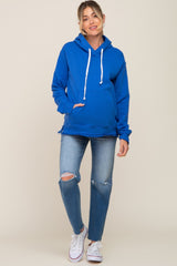 Royal Blue Raw Edge Trim Maternity Drawstring Hoodie