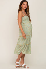 Light Olive Floral Smocked Tiered Maternity Midi Dress