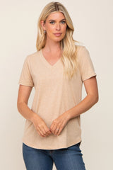 Beige V-Neck Short Sleeve Tee