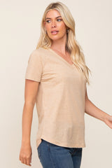 Beige V-Neck Short Sleeve Tee