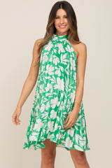 Green Floral Pleated Mock Neck Maternity Dress