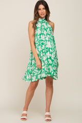 Green Floral Pleated Mock Neck Maternity Dress