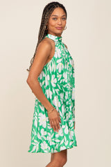 Green Floral Pleated Mock Neck Dress