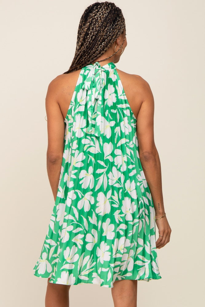 Green Floral Pleated Mock Neck Dress
