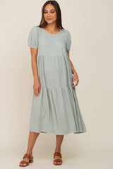 Light Olive Linen Short Sleeve Tiered Back Tie Maternity Midi Dress