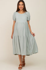 Light Olive Linen Short Sleeve Tiered Back Tie Maternity Midi Dress