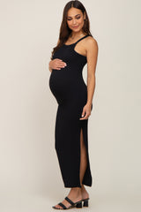 Black Ribbed Fitted Side Slit Maternity Midi Dress