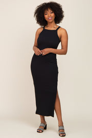 Black Ribbed Fitted Side Slit Midi Dress