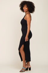 Black Ribbed Fitted Side Slit Midi Dress