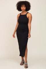 Black Ribbed Fitted Side Slit Midi Dress