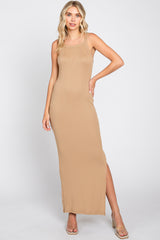 Camel Ribbed Fitted Side Slit Maternity Midi Dress