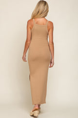 Camel Ribbed Fitted Side Slit Maternity Midi Dress