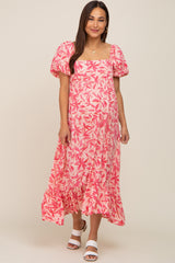 Fuchsia Floral Puff Sleeve Maternity Midi Dress