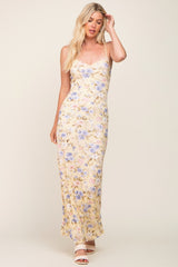 Yellow Floral Mesh V-Neck Maxi Dress