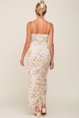 Yellow Floral Mesh V-Neck Maternity Maxi Dress